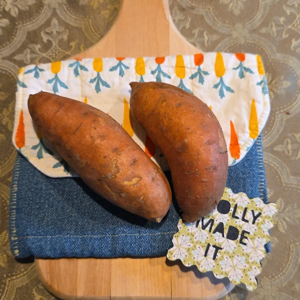 HAND CRAFTED Potato Pouch Microwave UPCYCLED Blue Denim Cotton Carrots 8.5 Inch